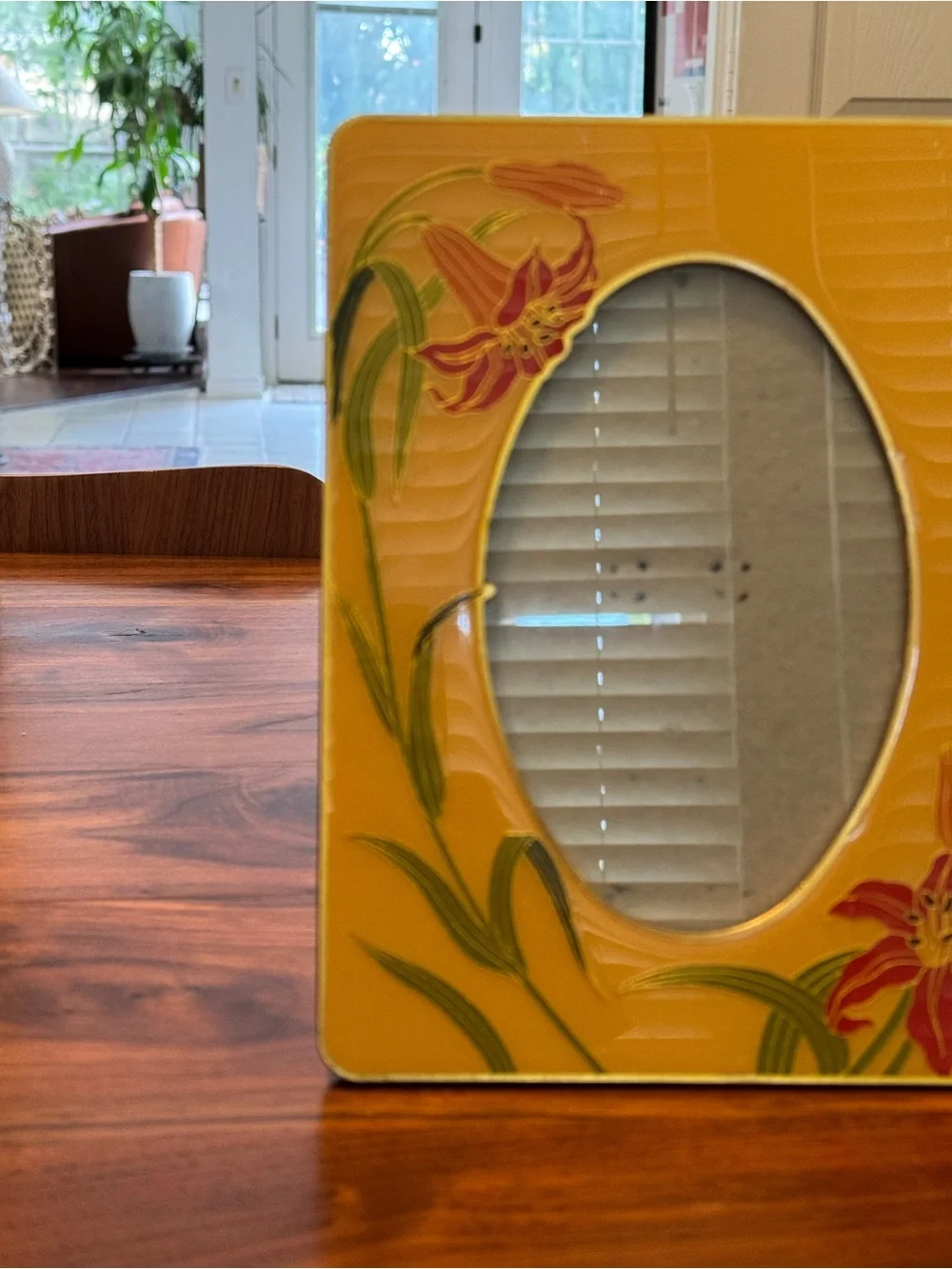 80S Cloisonne Enamel Lily Photo Picture Frame Yellow Orange Floral Flower